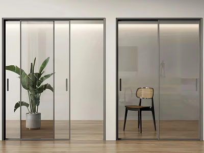 Modern Sliding Doors With Transparent And Frosted Glass Design Green Plant Chair Wooden Floor 3d model
