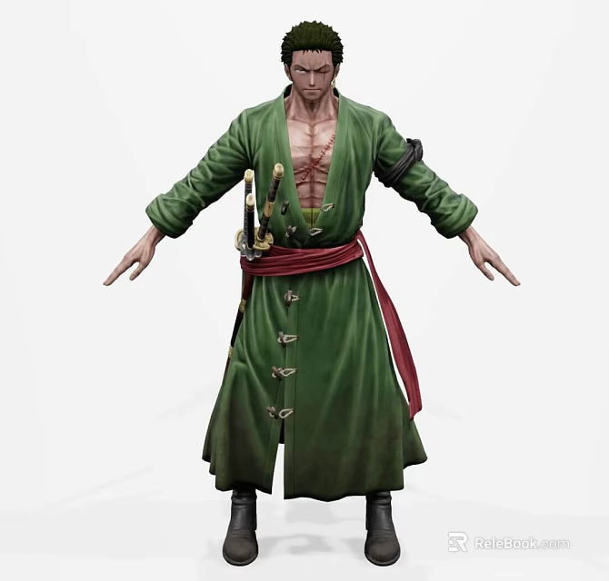Male Game Movie Character In Green Robe With Open Chest Scars And Red Sash Sword 3d model 