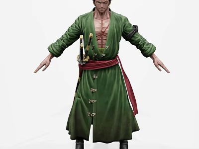Male Game Movie Character In Green Robe With Open Chest Scars And Red Sash Sword 3d model