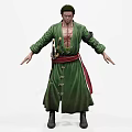 Male Game Movie Character In Green Robe With Open Chest Scars And Red Sash Sword