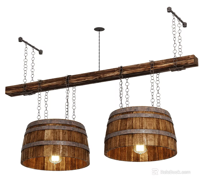Rustic Wooden Barrel Chandeliers Hanging From Wooden Bar With Chains And Metal Brackets 3d model 