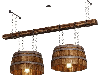Rustic Wooden Barrel Chandeliers Hanging From Wooden Bar With Chains And Metal Brackets 3d model
