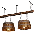 Rustic Wooden Barrel Chandeliers Hanging From Wooden Bar With Chains And Metal Brackets