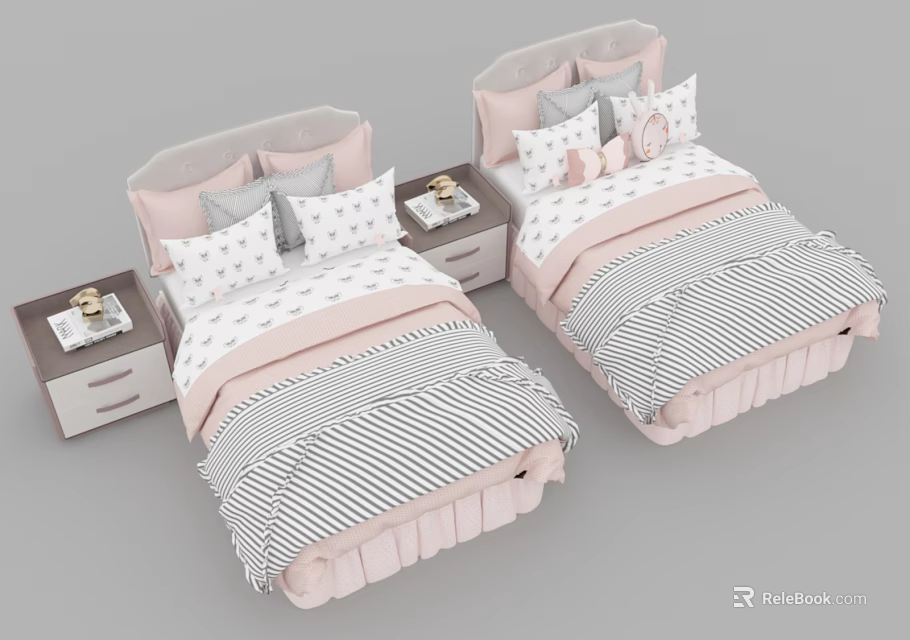 Kids Bed with Pink and Gray Striped Bedspread Star Patterned Pillows and Bedside Tables 3d model 