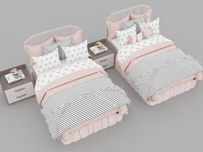Kids Bed with Pink and Gray Striped Bedspread Star Patterned Pillows and Bedside Tables 3d model