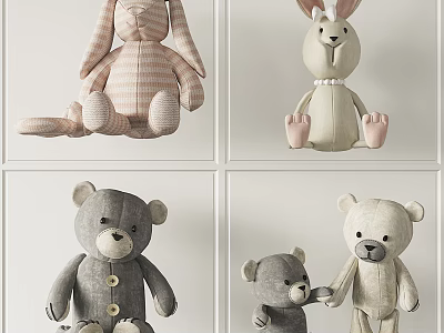 Stuffed Rabbit And Bear Plush Toys With Striped Design Pearl Necklace Buttons And Holding Hands 3d model