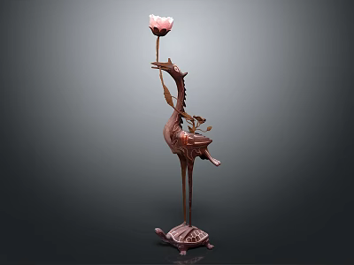Copper Colored Crane Shaped Decorative Floor Lamp With Pink Flower Accent 3d model