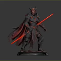 Man in Demonic Armor With Horns Red Longsword and Cloak on Rock Base