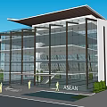 Modern ASEAN Office Building With Glass Facade Green Lawn And Mountain Backdrop