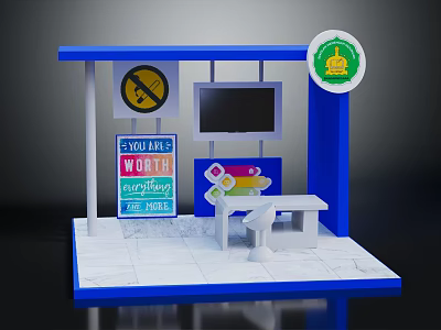 Blue Station With White Tile Floor Bench Information Screen Signboard And Circular Logo 3d model