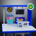 Blue Station With White Tile Floor Bench Information Screen Signboard And Circular Logo