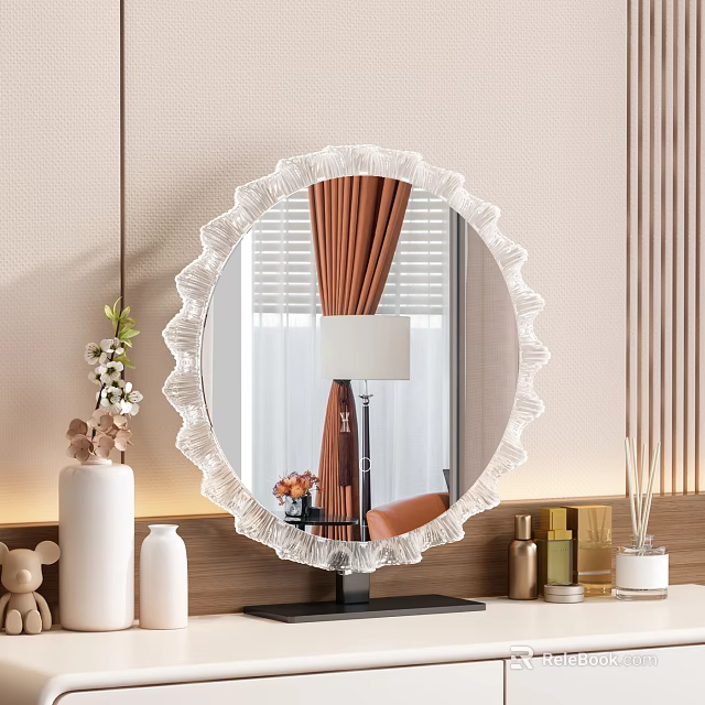 Elegant Dressing Table with Round Ruffled Edge Mirror and Decorative Lamp Vase Flowers Perfume Bottles 3d model 