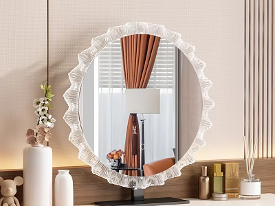 Elegant Dressing Table with Round Ruffled Edge Mirror and Decorative Lamp Vase Flowers Perfume Bottles 3d model