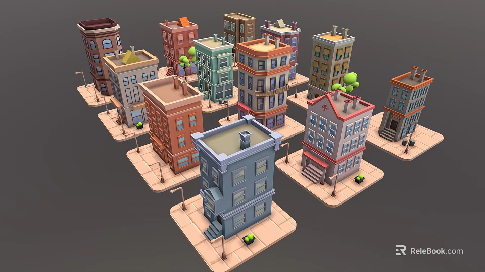 Colorful Cartoon Style Multi Story Buildings With Small Trees And Street Lamps 3d model 