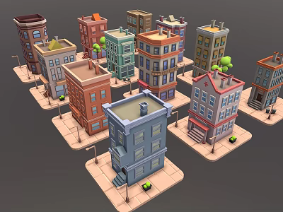 Colorful Cartoon Style Multi Story Buildings With Small Trees And Street Lamps 3d model