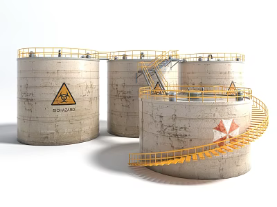 Industrial Storage Tanks With Biohazard Signs And Yellow Staircase Railings 3d model