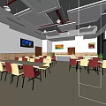 Modern Restaurant Interior Design With Red Yellow Chairs White Tables Wall TV And Decorative Paintings