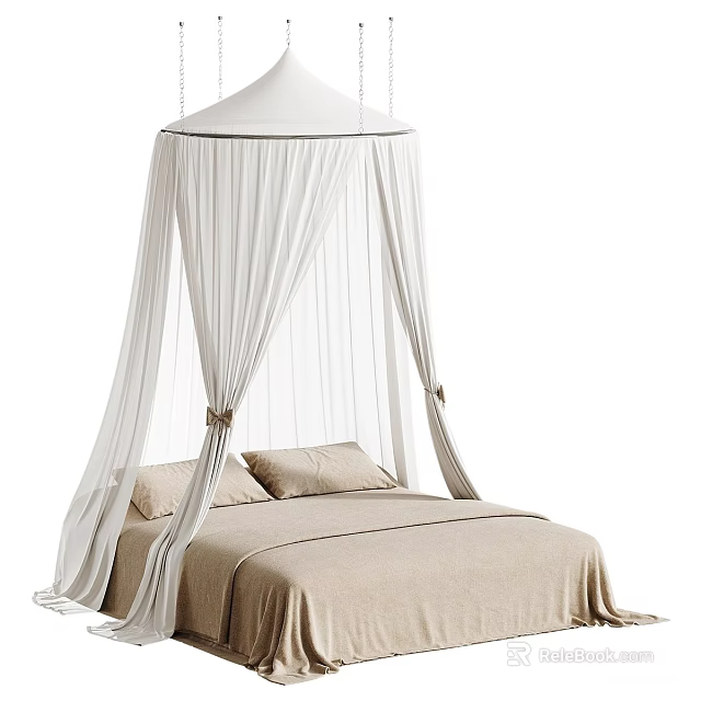 White Lightweight Bed Canopy Over Beige Bedding With Soft Pillows And Elegant Design 3d model