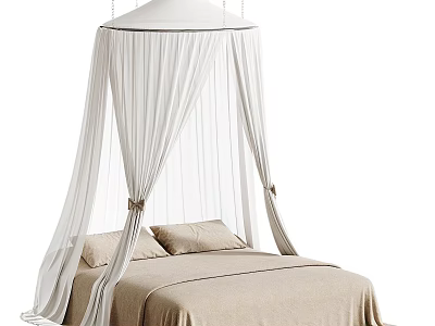 White Lightweight Bed Canopy Over Beige Bedding With Soft Pillows And Elegant Design 3d model