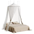White Lightweight Bed Canopy Over Beige Bedding With Soft Pillows And Elegant Design 3d model