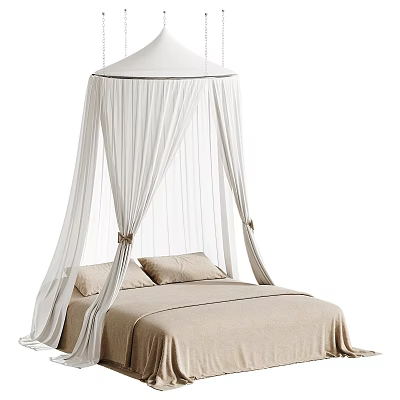 White Lightweight Bed Canopy Over Beige Bedding With Soft Pillows And Elegant Design 3d model