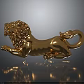 Golden Lion Statue With Detailed Mane And Shiny Surface Lying On Reflective Base