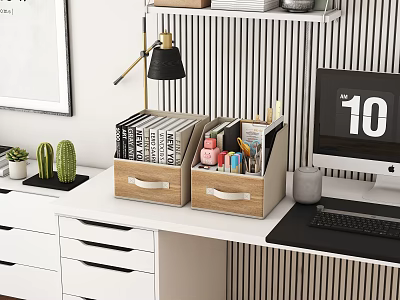 Functional Wooden Desktop Storage Boxes For Tidy Home Office Desk 3d model