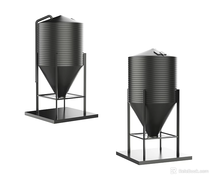Public Facility Black Conical Storage Silos With Metal Support Stands 3d model