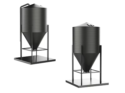 Public Facility Black Conical Storage Silos With Metal Support Stands 3d model