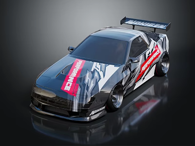 Modified Race Car With Black Silver Body Red White Graphic And Rear Spoiler 3d model