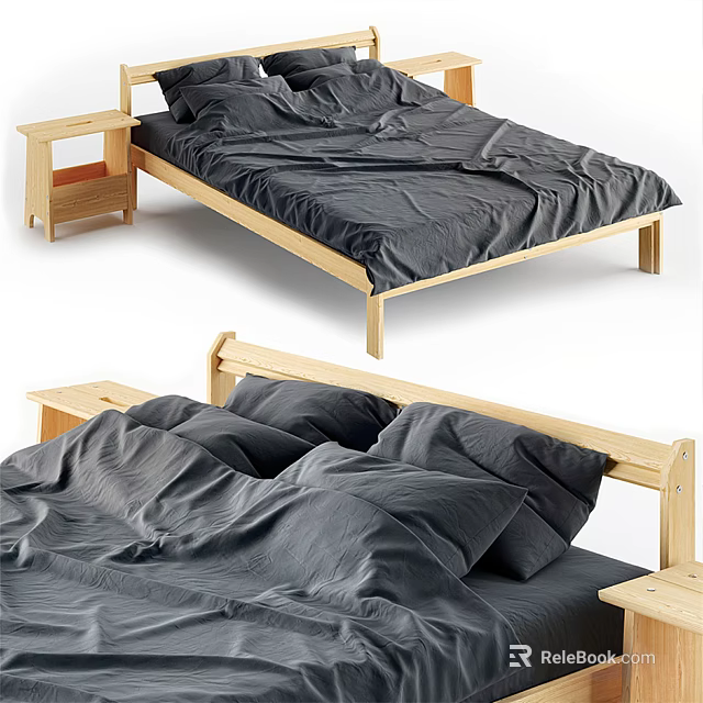 Double Bed with Wooden Frame Simple Design Dark Bedding and Matching Nightstand 3d model
