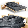 Double Bed with Wooden Frame Simple Design Dark Bedding and Matching Nightstand 3d model
