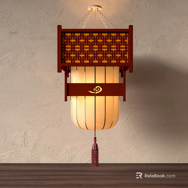 Traditional Chinese Lantern With Wooden Frame Lattice Design Cream Fabric Shade Red Tassel Wall Mounted 3d model 