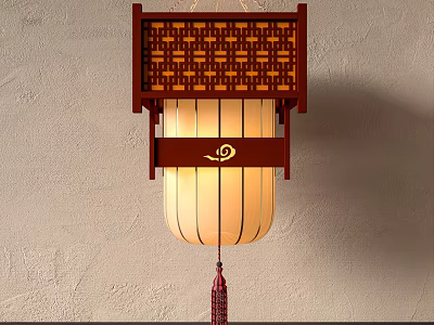 Traditional Chinese Lantern With Wooden Frame Lattice Design Cream Fabric Shade Red Tassel Wall Mounted 3d model