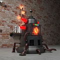 Steampunk Art Installation With Black Body Red Lights Glowing Core And Brick Wall Background