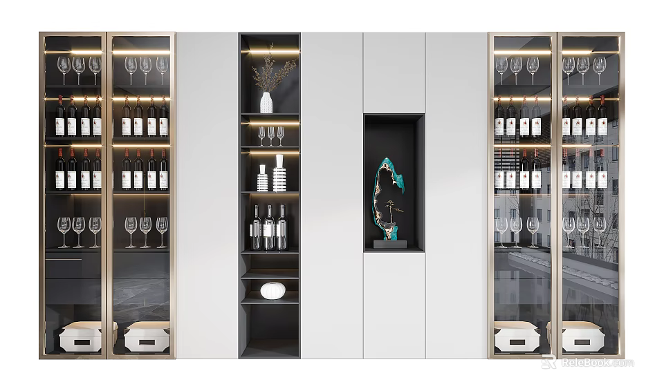 Modern Wine Cabinet With Glass Doors Wine Bottles Glasses And Decorative Items 3d model 