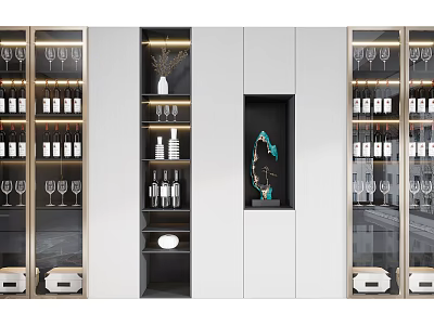 Modern Wine Cabinet With Glass Doors Wine Bottles Glasses And Decorative Items 3d model