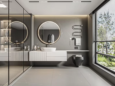 Modern Bathroom With Round Mirrors Double Vanity And Large Window 3d model