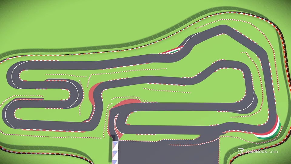Game Character Racing On Curved Black Track With Green Background And Red White Edges 3d model 