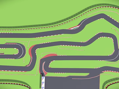 Game Character Racing On Curved Black Track With Green Background And Red White Edges 3d model