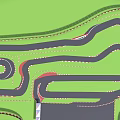 Game Character Racing On Curved Black Track With Green Background And Red White Edges