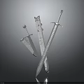 Three Silver Swords Display Featuring Short And Long Blades With Sheath On Dark Surface 3d model