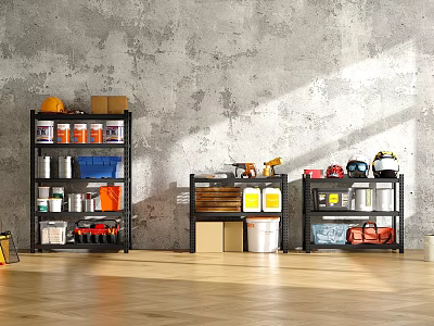 Black Shelves in Workshop Filled with Various Hardware Tools and Storage Items 3d model