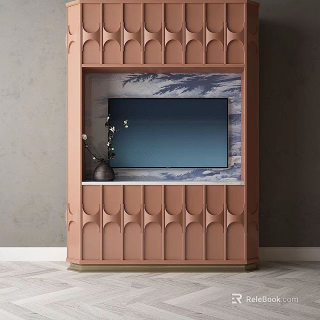 Pink Arched Cabinet Backdrop With Marble Texture TV Embedded And White Floral Branch 3d model 
