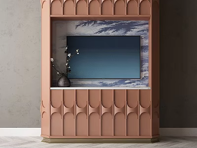 Pink Arched Cabinet Backdrop With Marble Texture TV Embedded And White Floral Branch 3d model