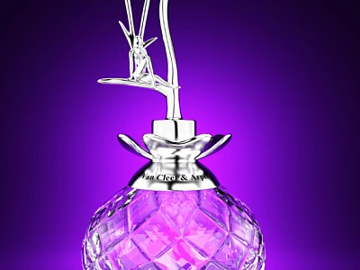 Stylish Fragrance Perfume Bottle with Transparent Diamond Cut Design and Silver Decor on Purple Background 3d model