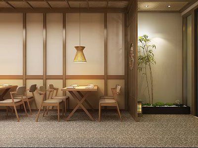 Modern Restaurant Interior Design With Wooden Tables Chairs Pendant Light And Indoor Plant 3d model