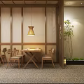 Modern Restaurant Interior Design With Wooden Tables Chairs Pendant Light And Indoor Plant