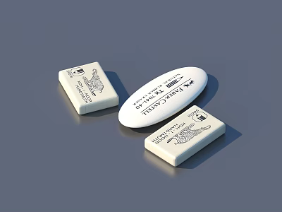 White Rectangular And Oval Erasers With Text And Patterns For Stationery Use 3d model