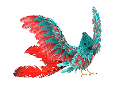 Vibrant Flying Animal With Red And Teal Feathers Spread Wings And Long Tail 3d model
